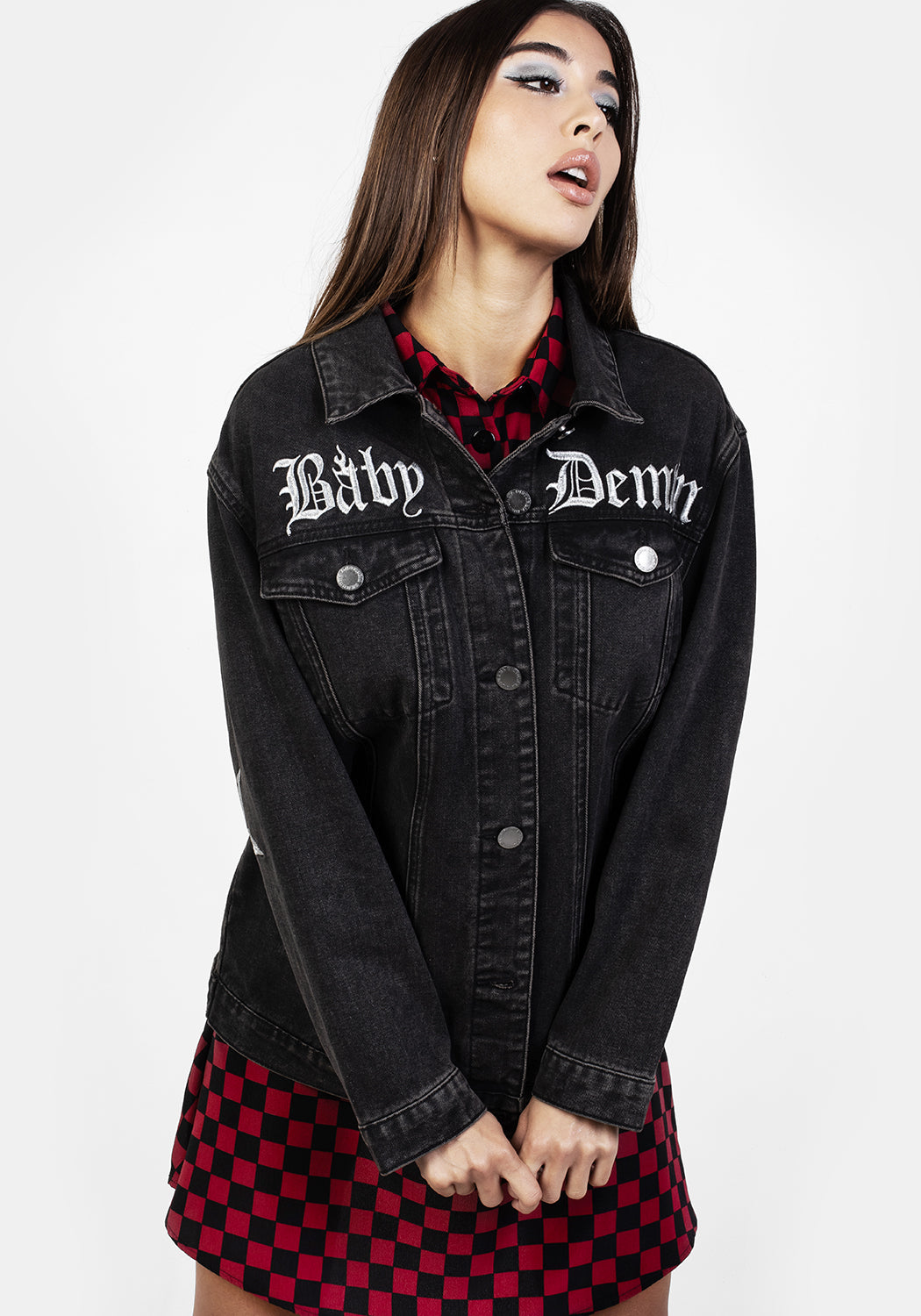Oversized Grey Denim Jacket with Silver Embroidery | Baby Demon