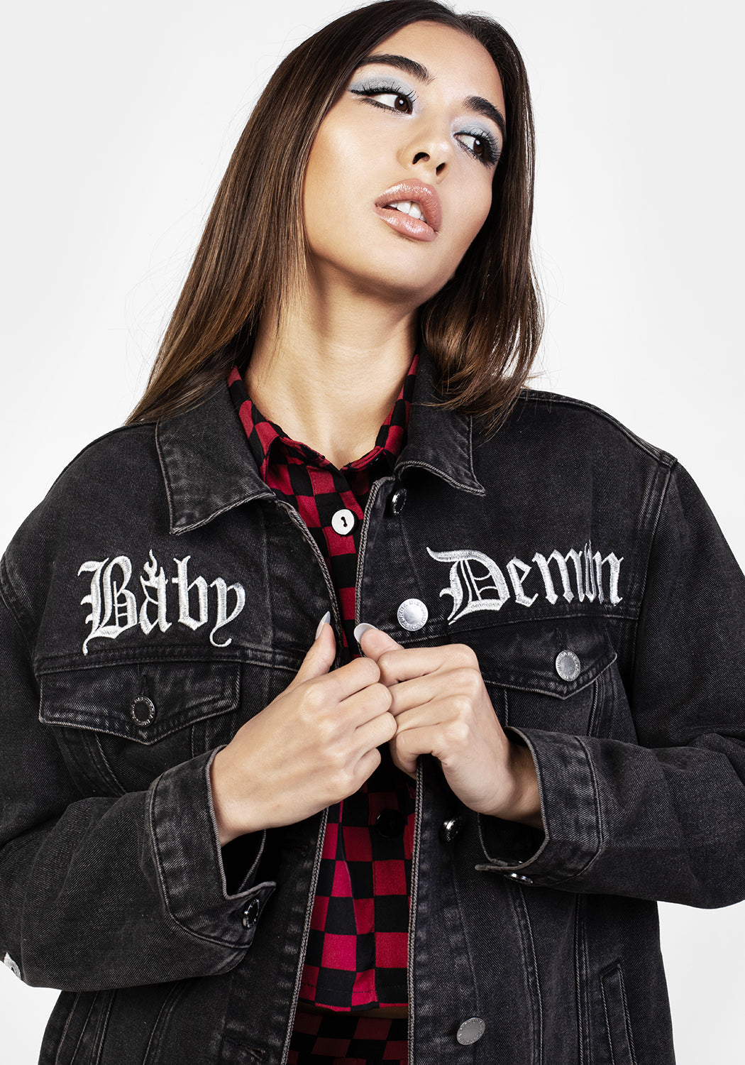 Oversized Grey Denim Jacket with Silver Embroidery | Baby Demon