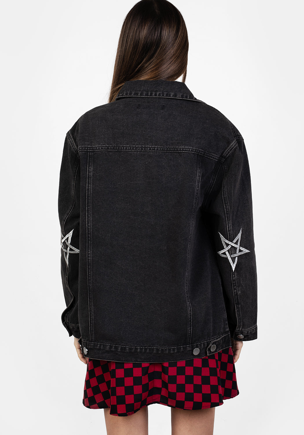 Oversized Grey Denim Jacket with Silver Embroidery | Baby Demon