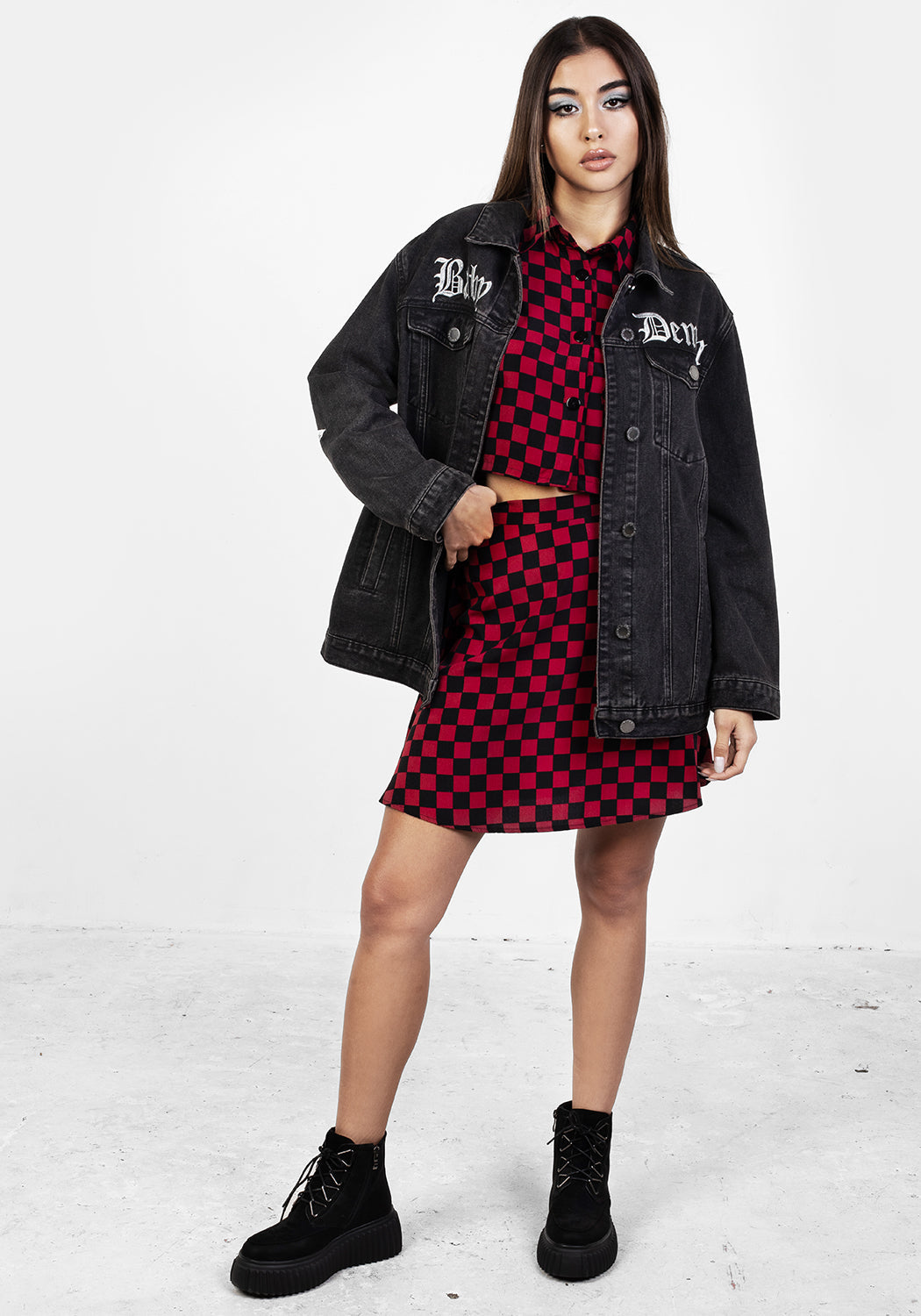 Oversized Grey Denim Jacket with Silver Embroidery | Baby Demon