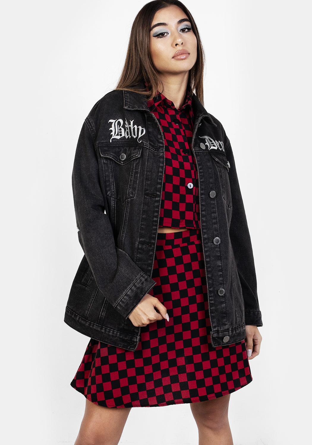 Oversized Grey Denim Jacket with Silver Embroidery | Baby Demon
