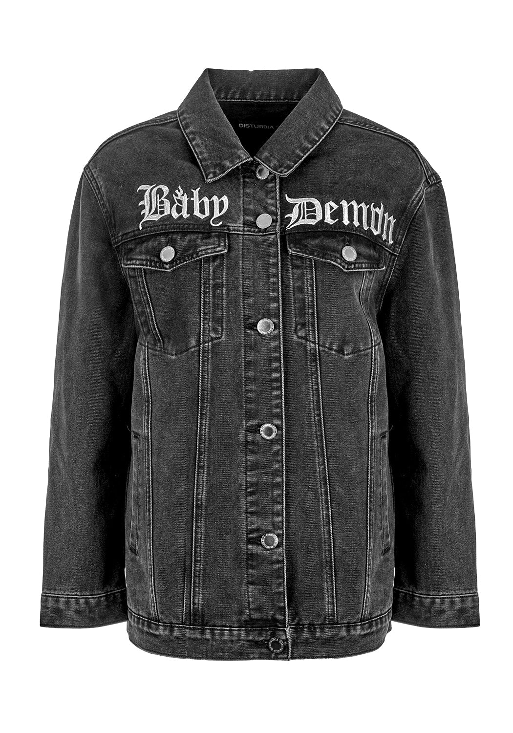 Oversized Grey Denim Jacket with Silver Embroidery | Baby Demon