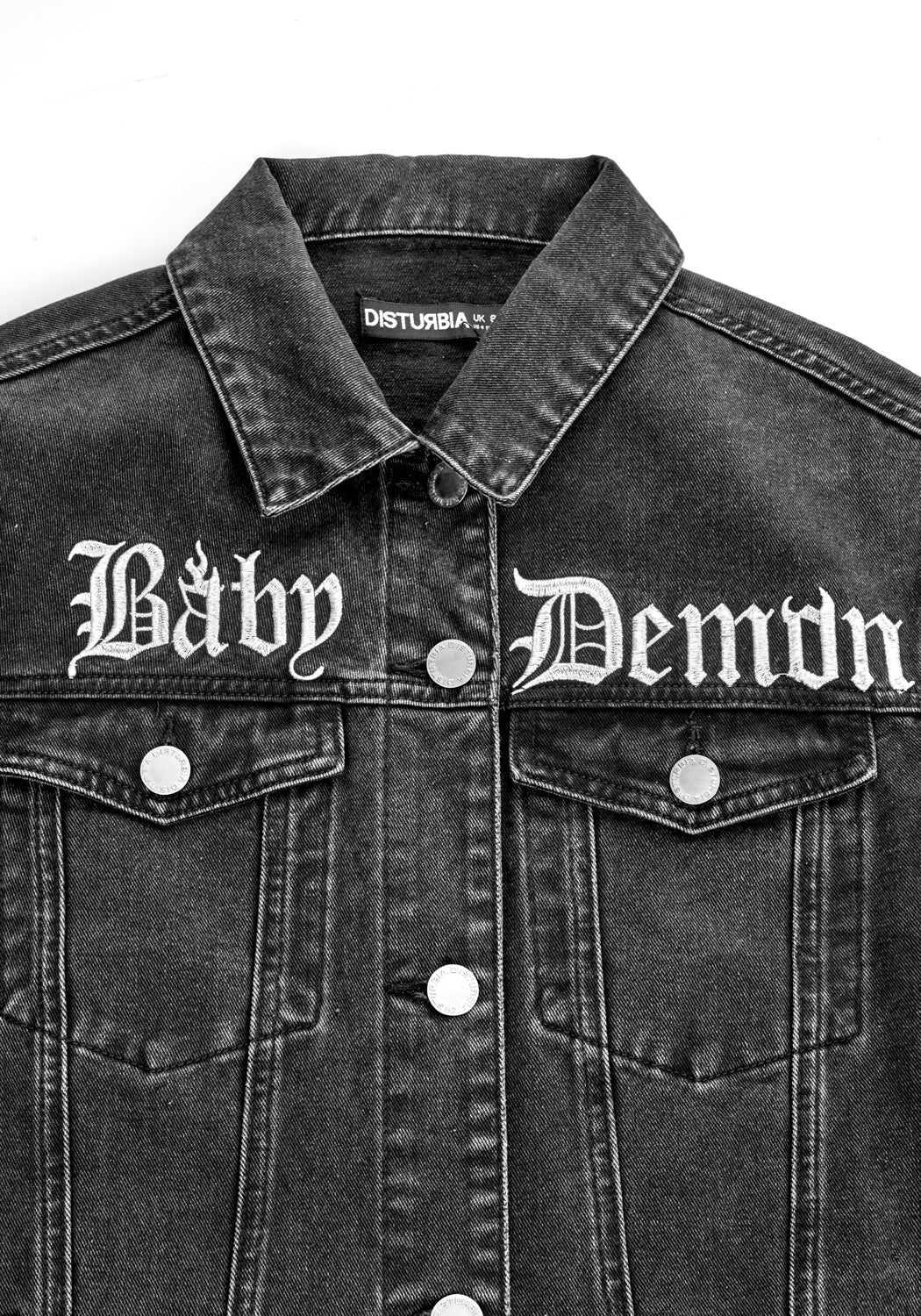 Oversized Grey Denim Jacket with Silver Embroidery | Baby Demon