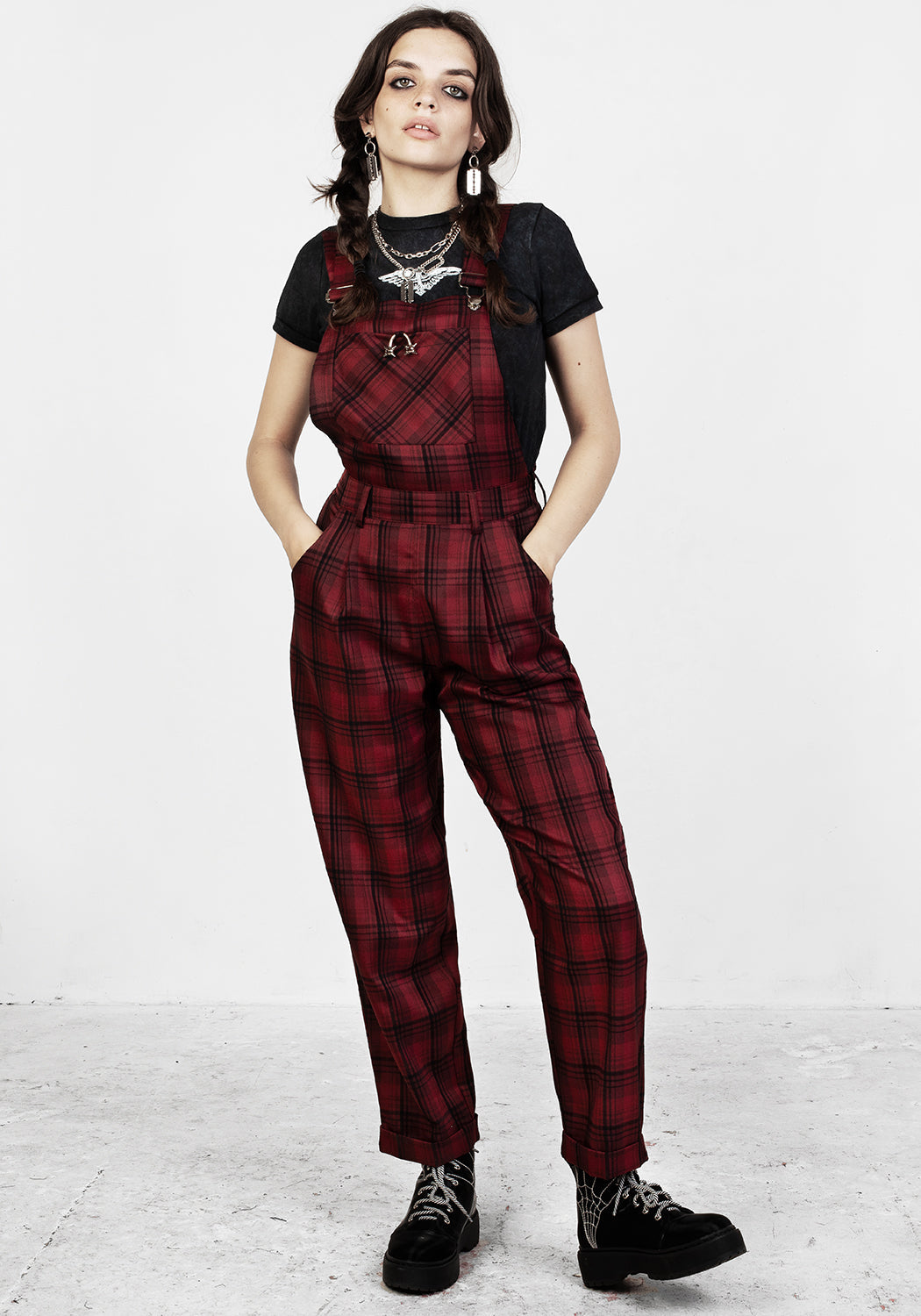 Red & Black Tartan Mom Dungarees with Adjustable Straps | Ferreira