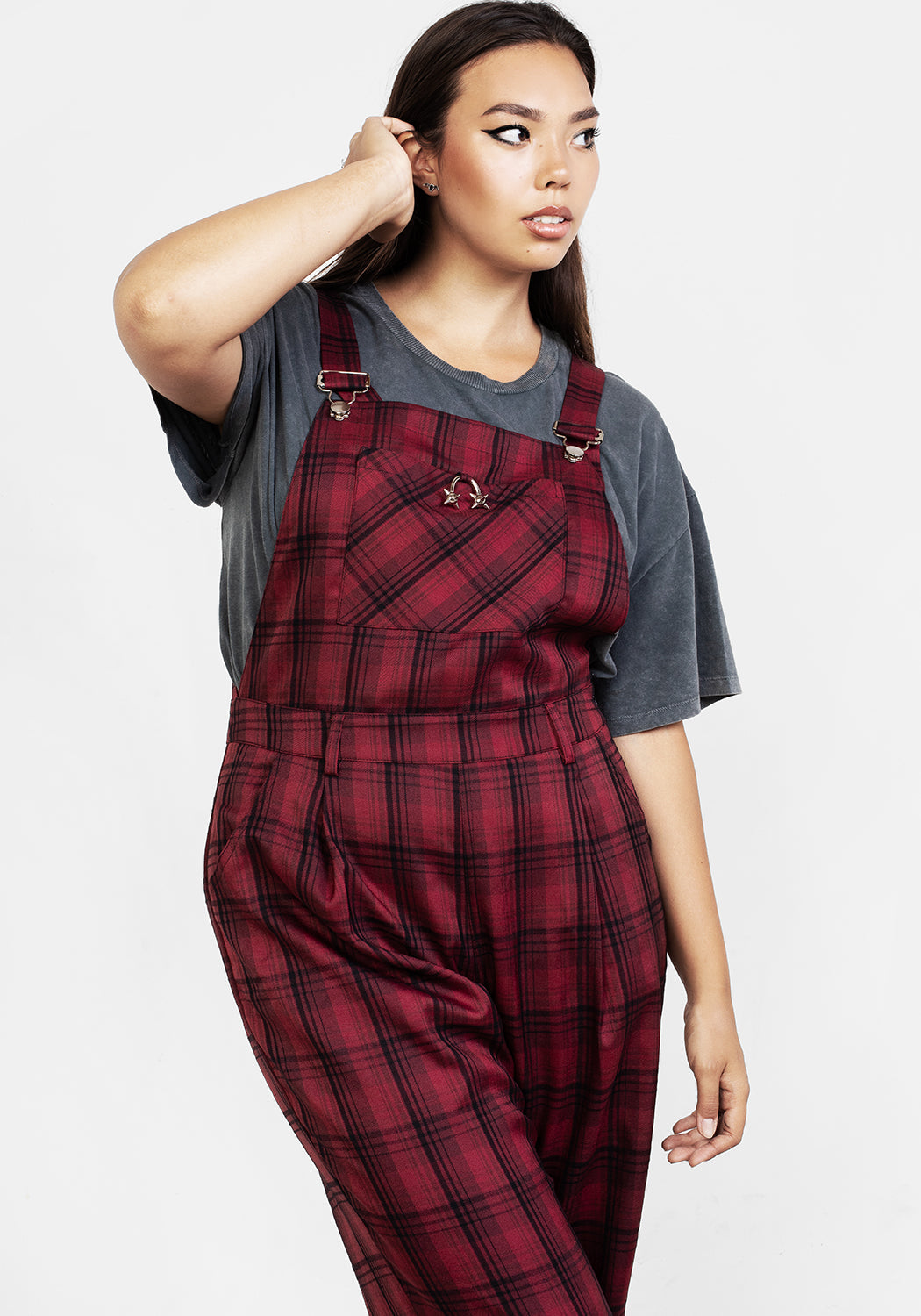Red & Black Tartan Mom Dungarees with Adjustable Straps | Ferreira