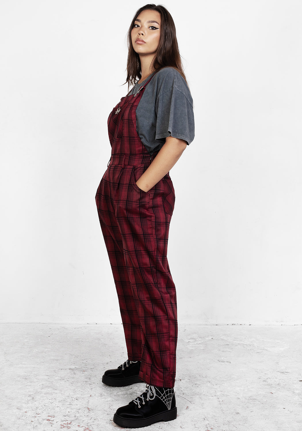 Red & Black Tartan Mom Dungarees with Adjustable Straps | Ferreira