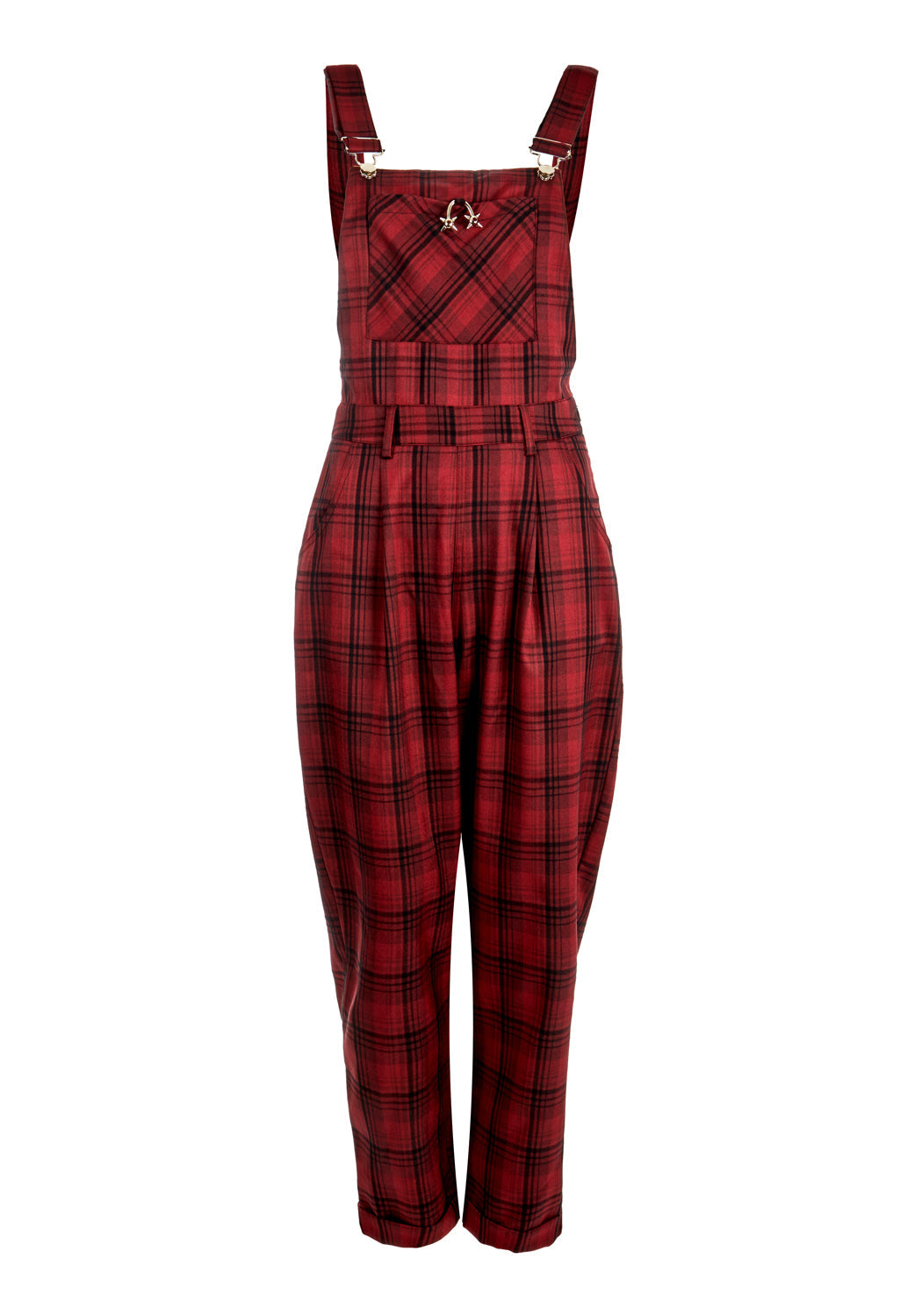Red & Black Tartan Mom Dungarees with Adjustable Straps | Ferreira