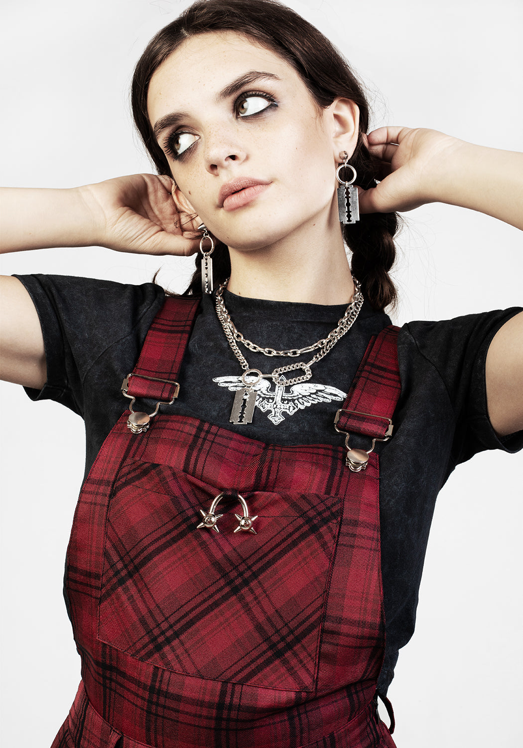Red & Black Tartan Mom Dungarees with Adjustable Straps | Ferreira