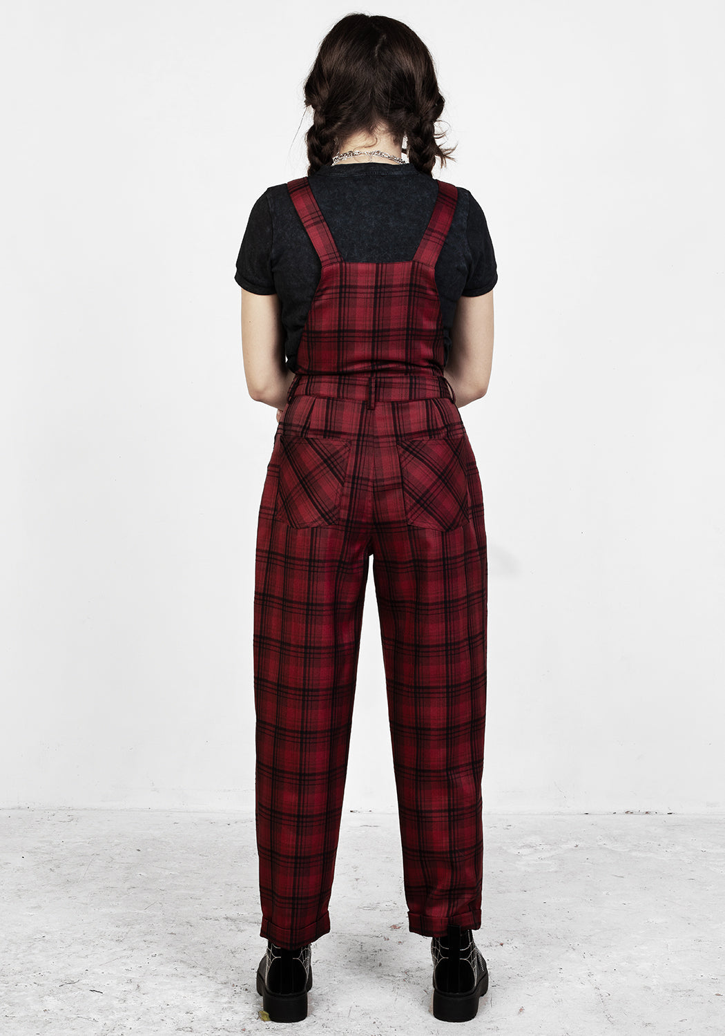 Red & Black Tartan Mom Dungarees with Adjustable Straps | Ferreira