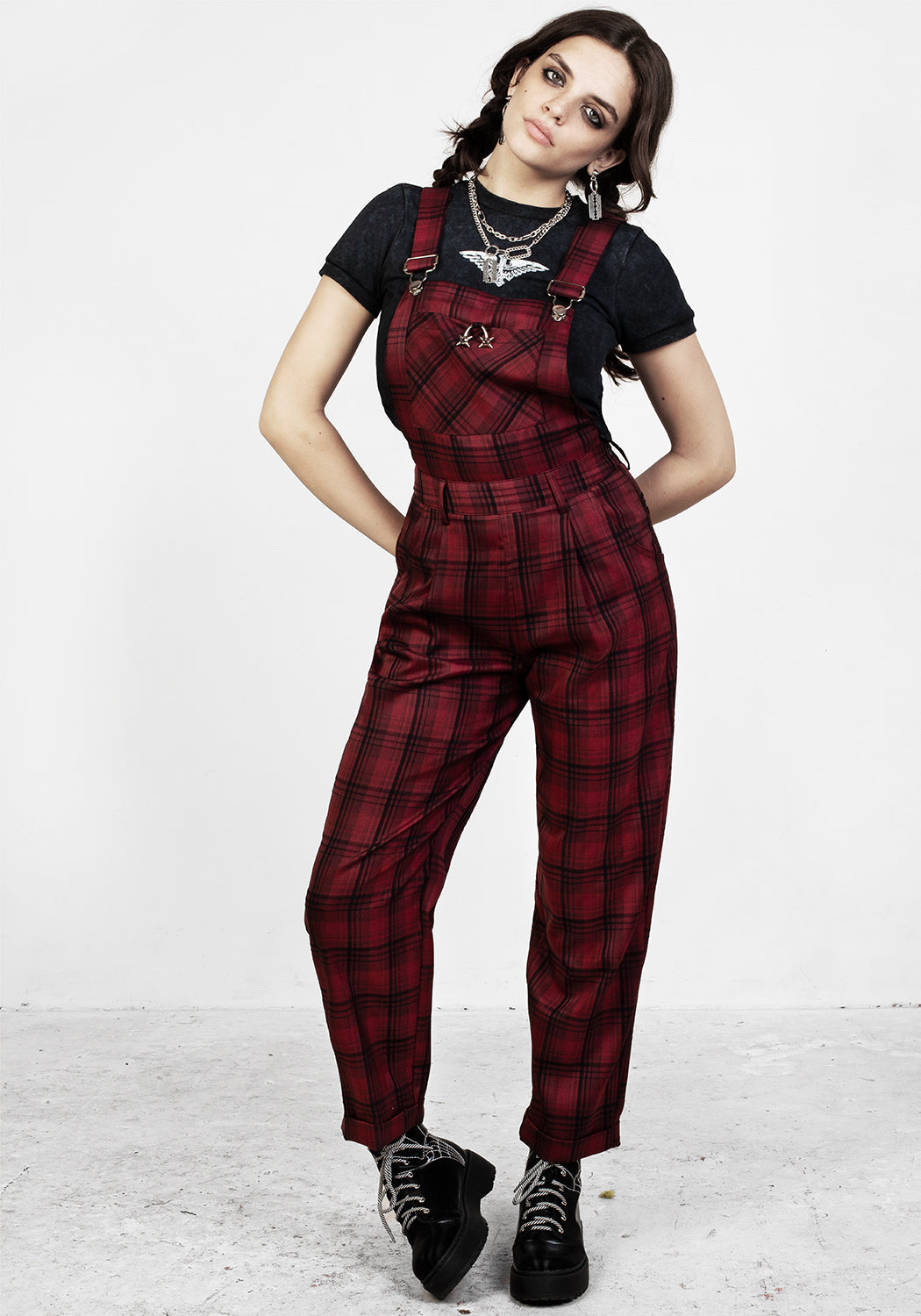 Red & Black Tartan Mom Dungarees with Adjustable Straps | Ferreira