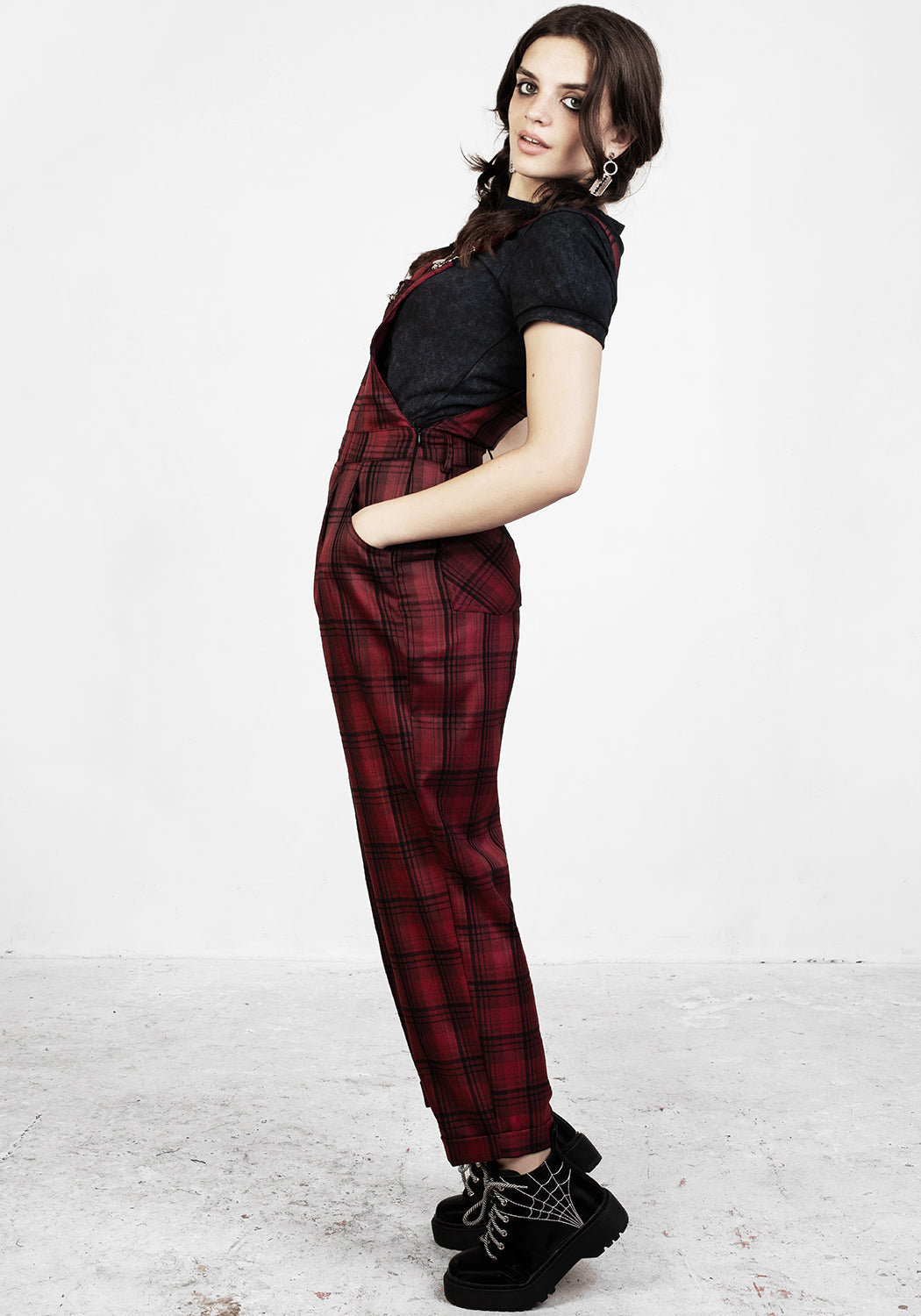 Red & Black Tartan Mom Dungarees with Adjustable Straps | Ferreira