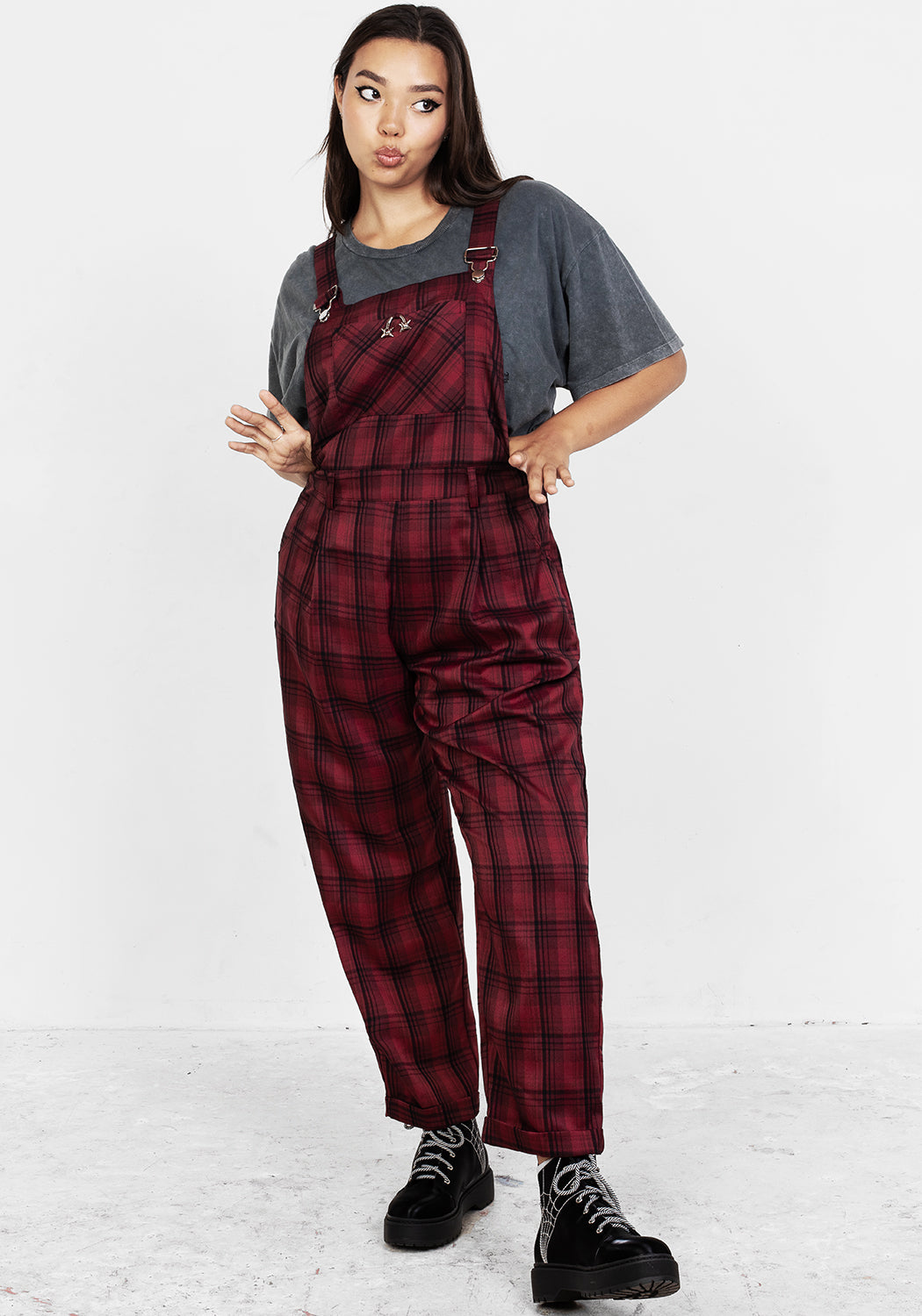 Red & Black Tartan Mom Dungarees with Adjustable Straps | Ferreira