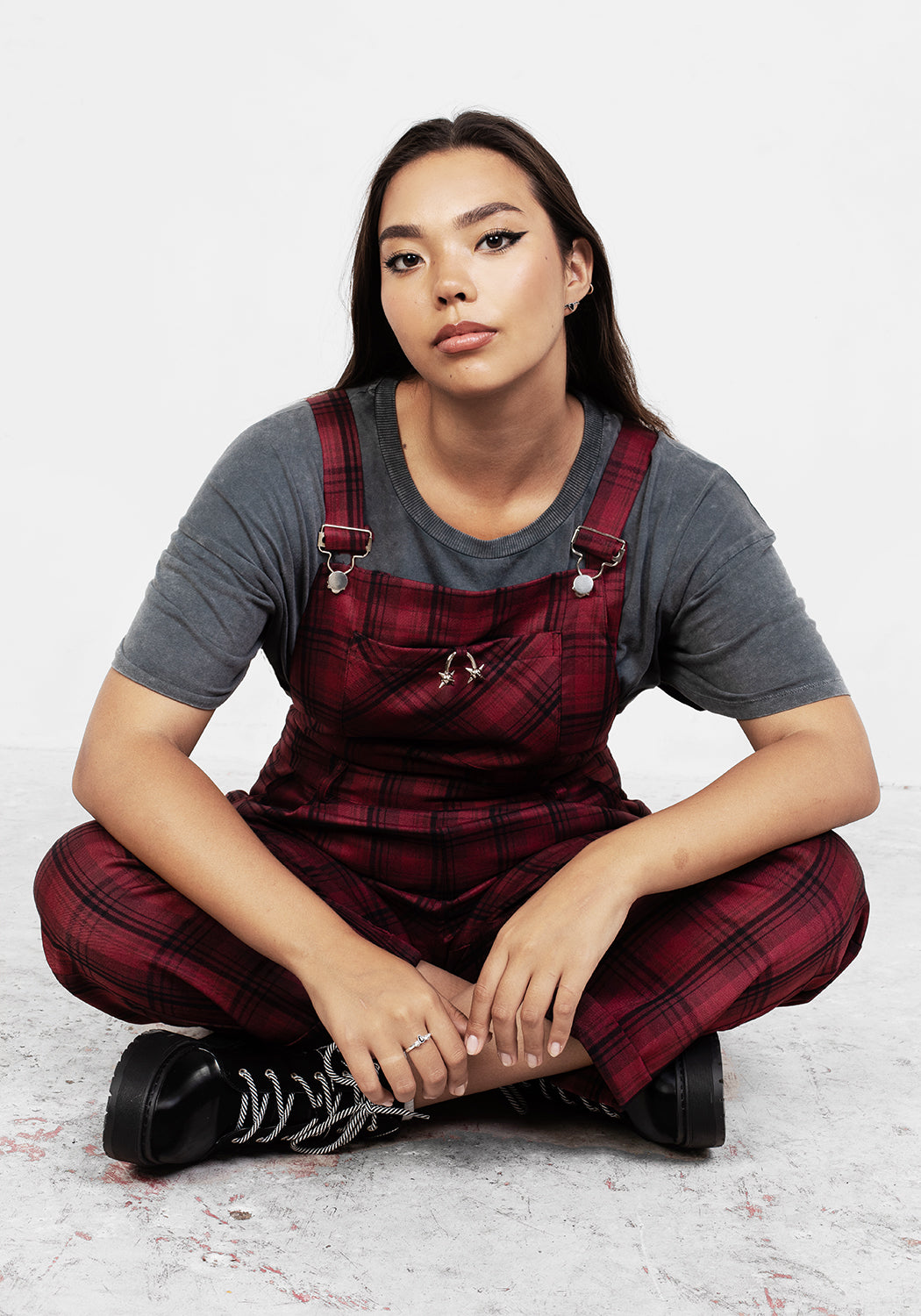Red & Black Tartan Mom Dungarees with Adjustable Straps | Ferreira