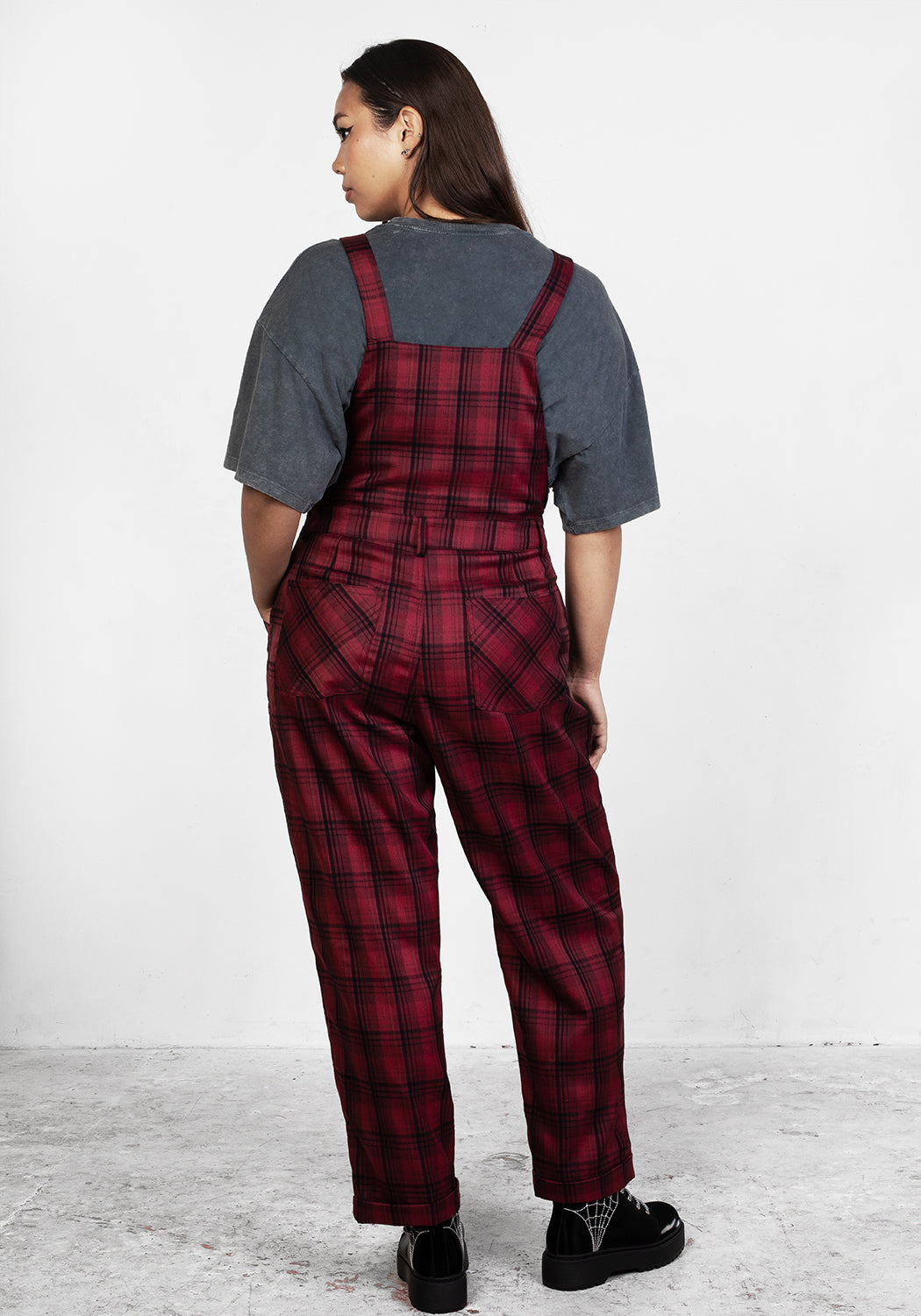 Red & Black Tartan Mom Dungarees with Adjustable Straps | Ferreira