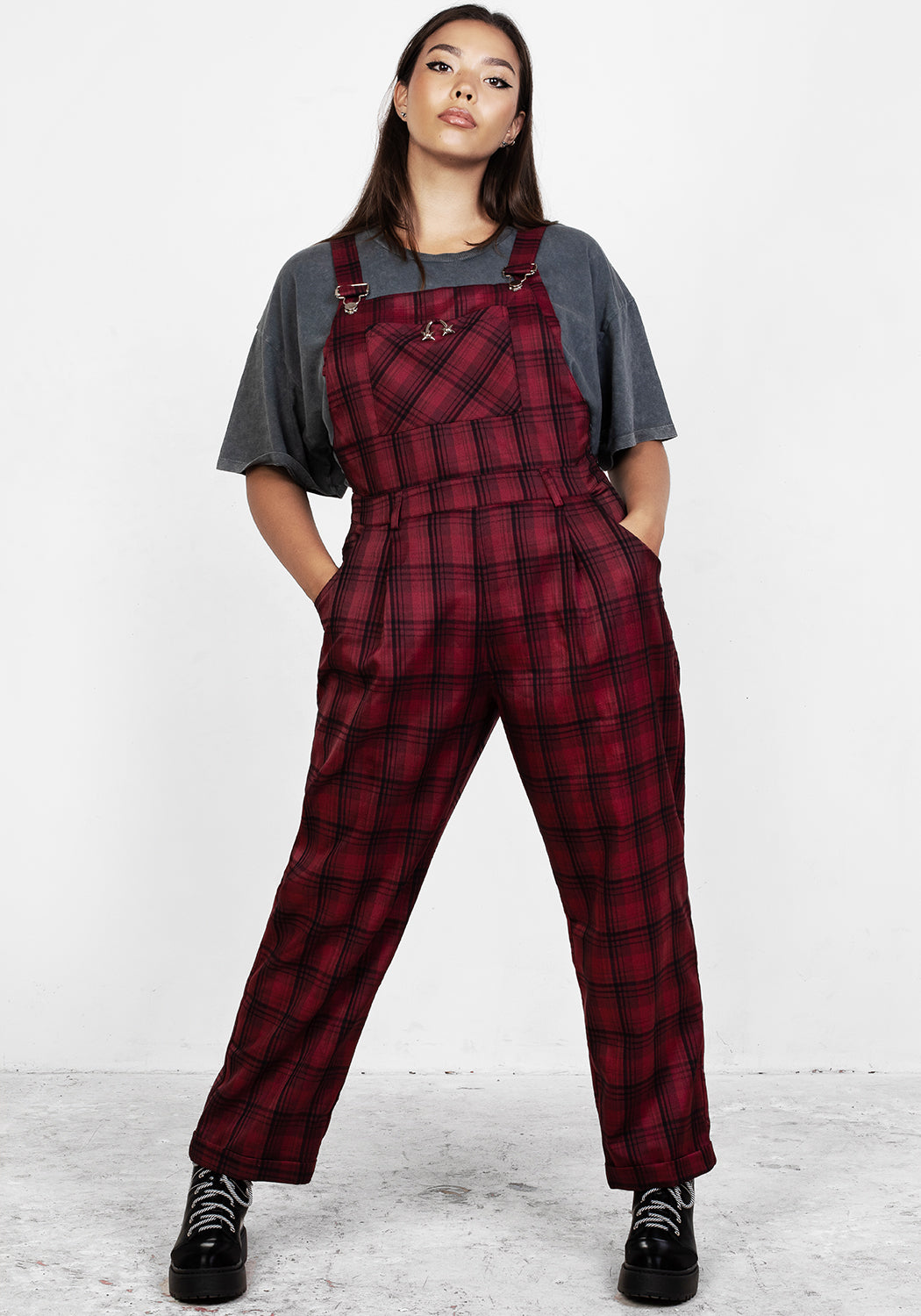 Red & Black Tartan Mom Dungarees with Adjustable Straps | Ferreira