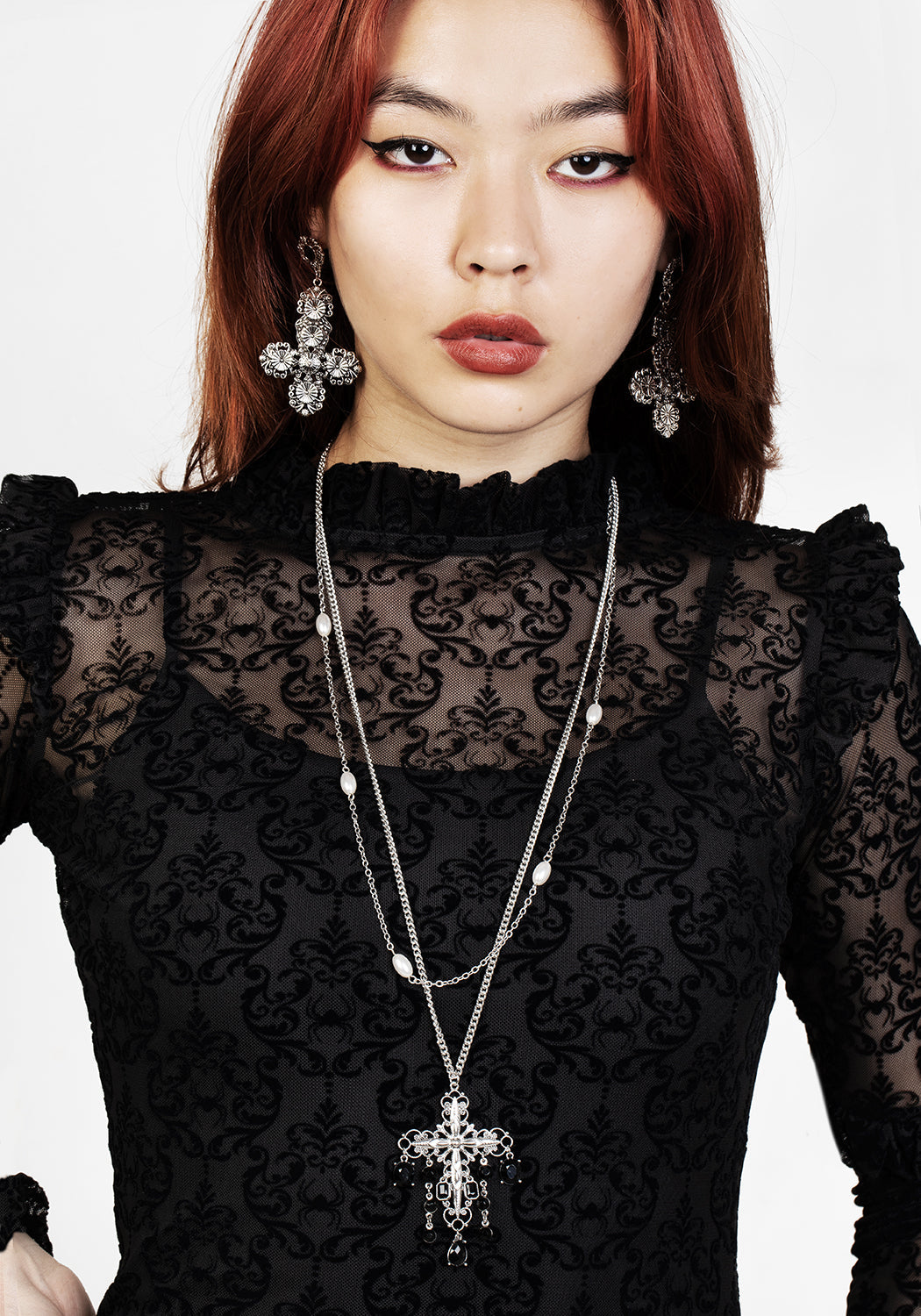 Gothic Cross Necklace with Black Faceted Gems & Pearl Chain | Nancy Beaded