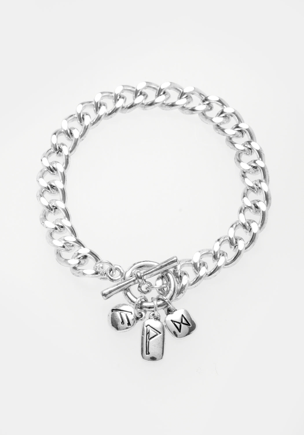 Viking Runes Bracelet with Silver Charms & T-Bar Clasp | Norse Jewelry