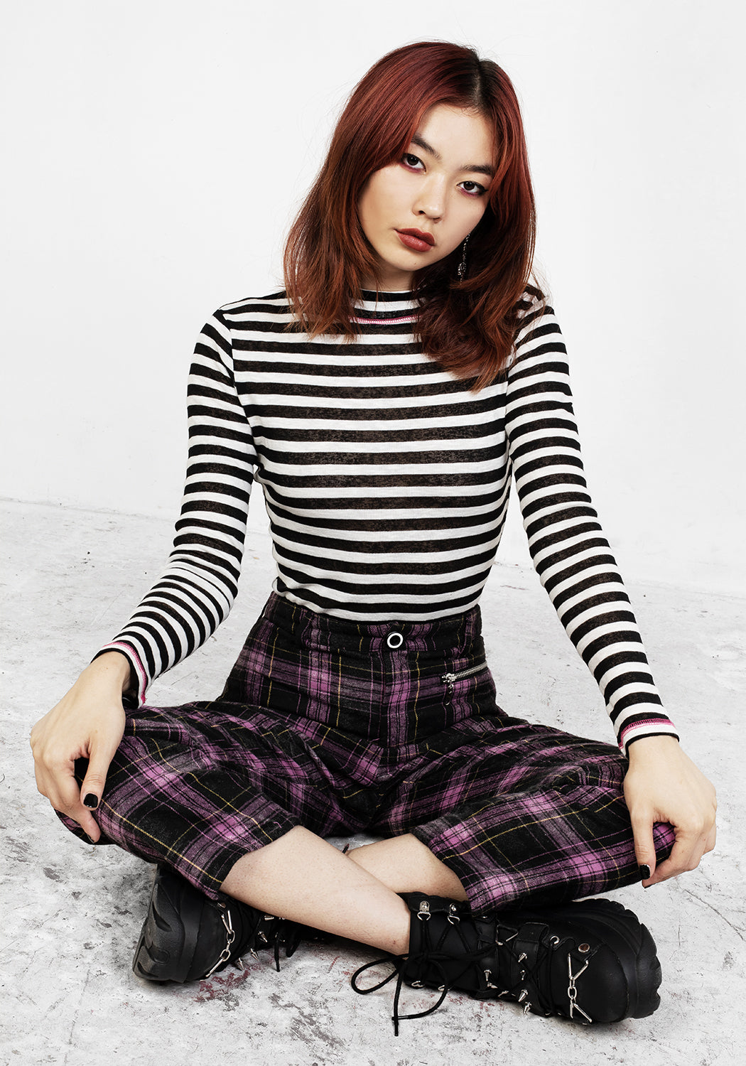 Black & White Striped Bodysuit with Mock Neck & Gusset Poppers | Decode