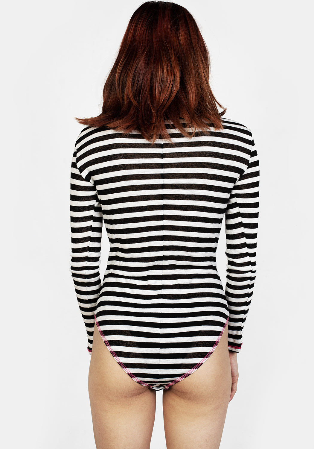 Black & White Striped Bodysuit with Mock Neck & Gusset Poppers | Decode