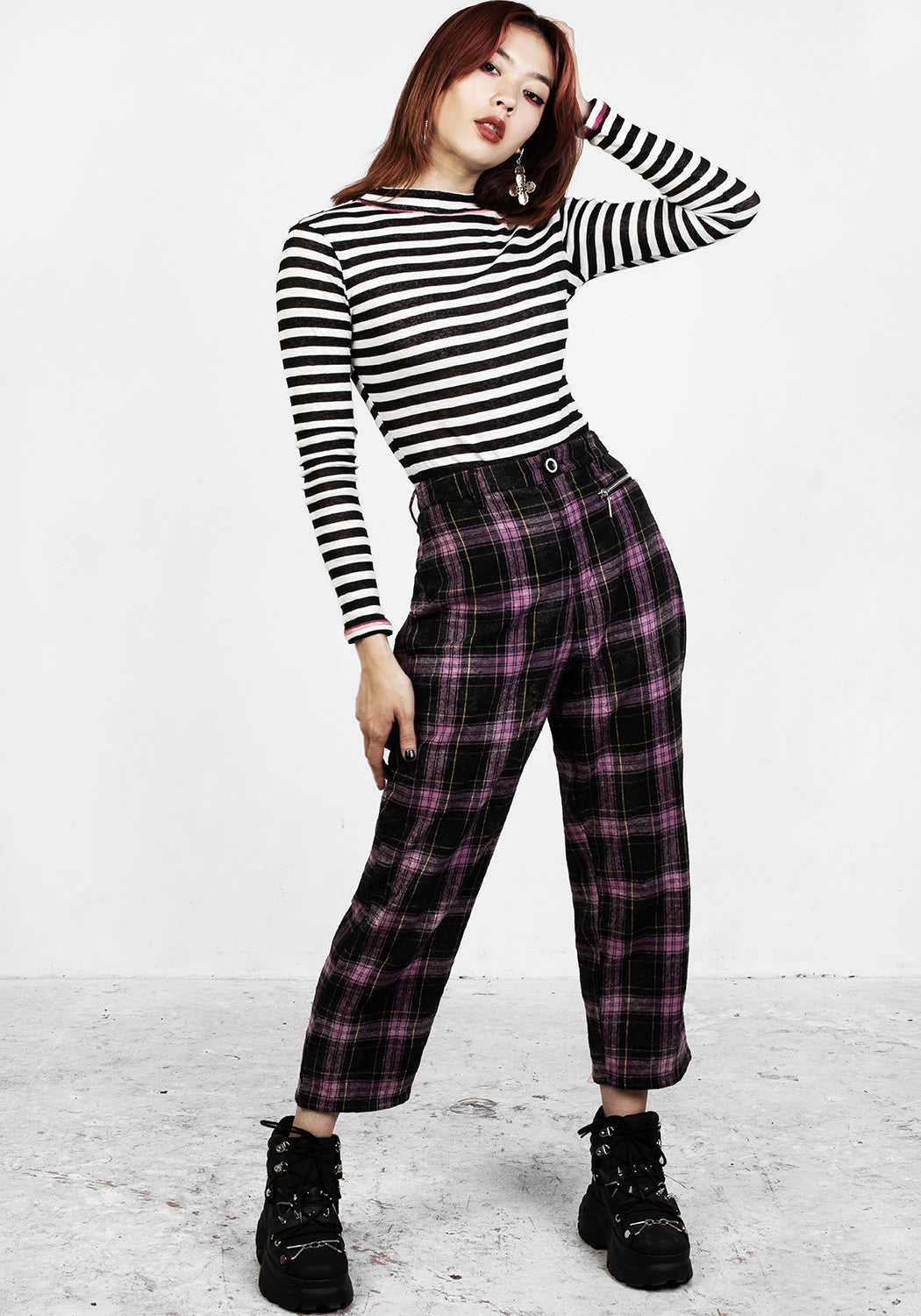 Black & White Striped Bodysuit with Mock Neck & Gusset Poppers | Decode