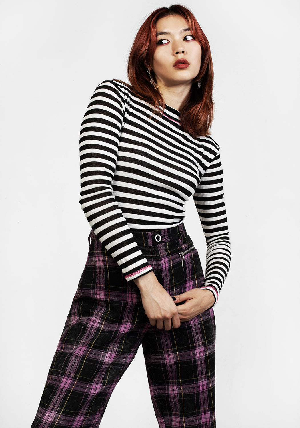 Black & White Striped Bodysuit with Mock Neck & Gusset Poppers | Decode