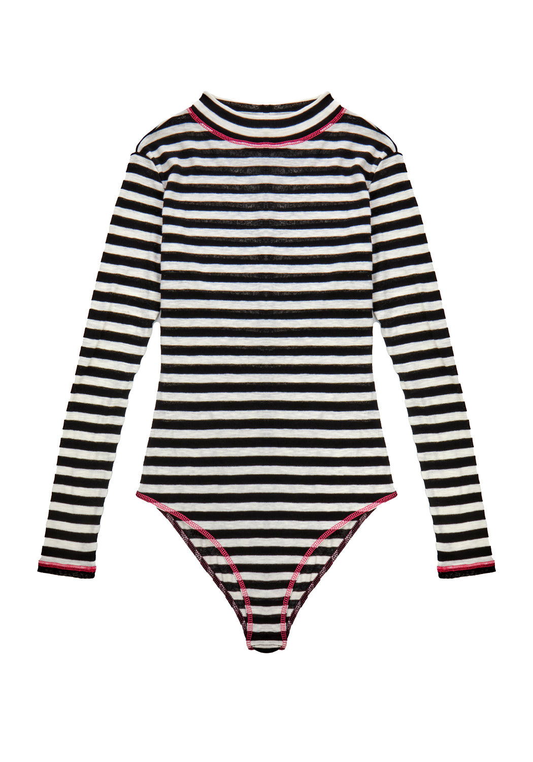 Black & White Striped Bodysuit with Mock Neck & Gusset Poppers | Decode