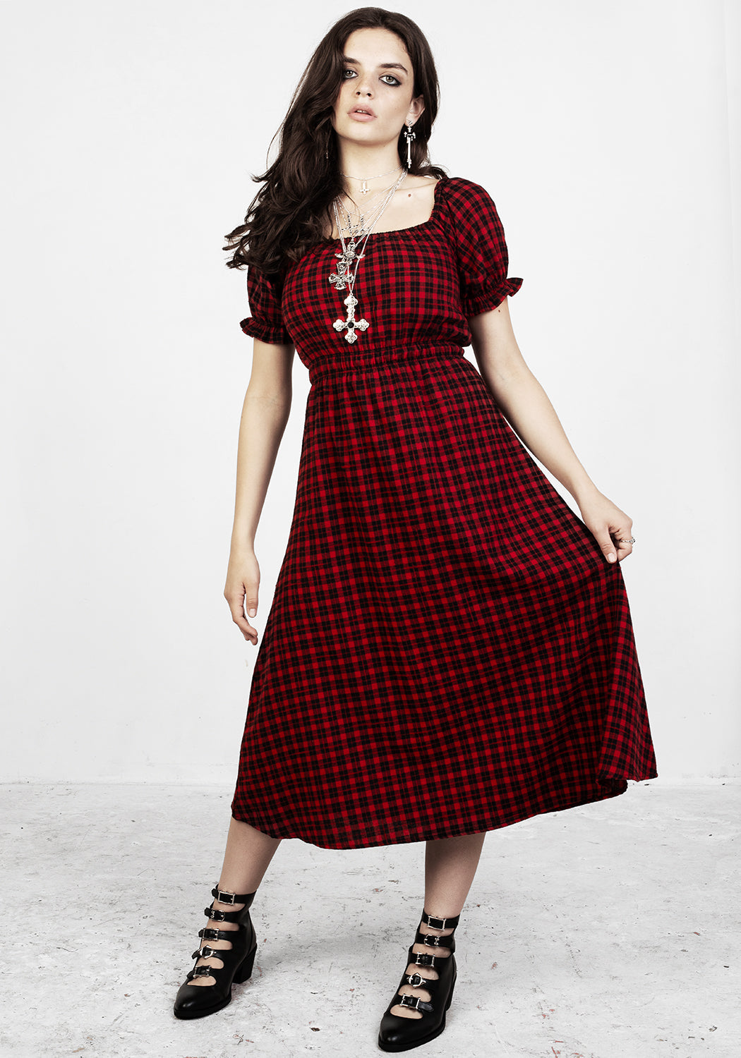 Red and Black Check Midi Dress with Elastic Waist | Dreadful