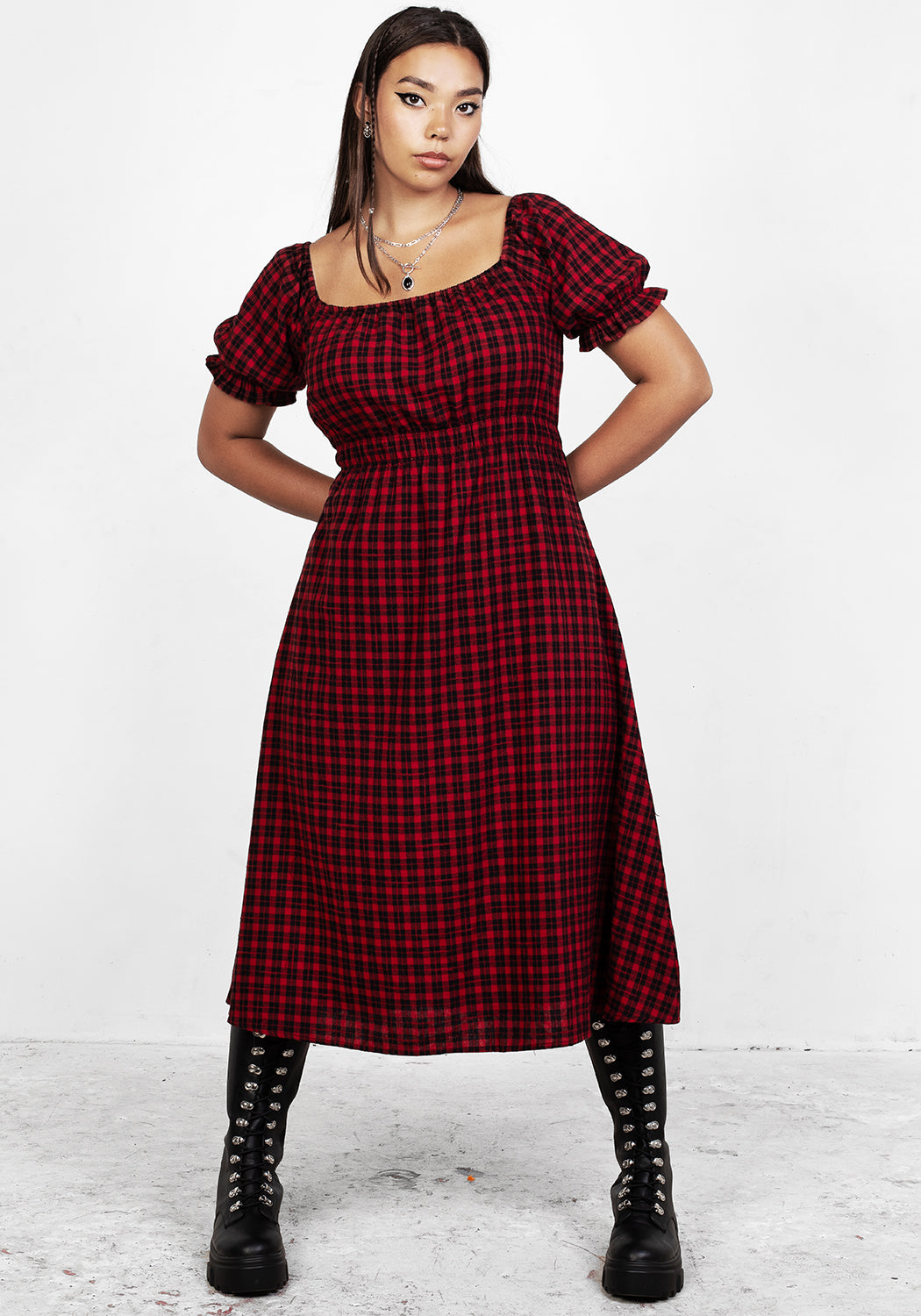 Red and Black Check Midi Dress with Elastic Waist | Dreadful