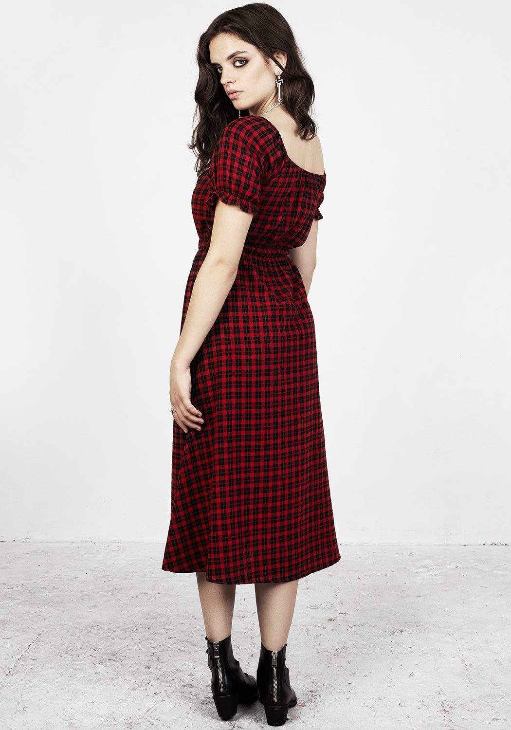 Red and Black Check Midi Dress with Elastic Waist | Dreadful