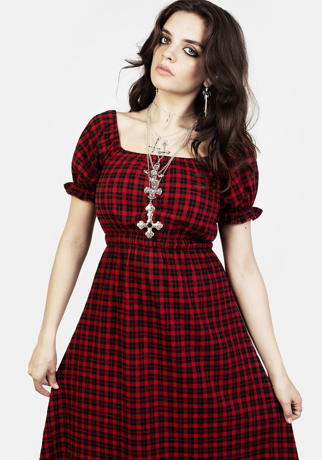 Red and Black Check Midi Dress with Elastic Waist | Dreadful