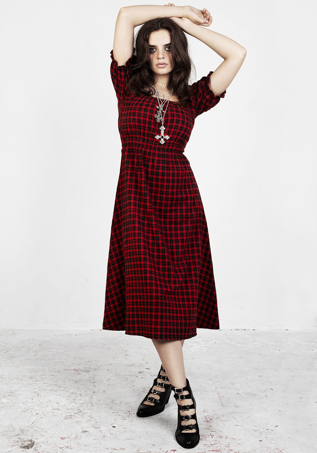 Red and Black Check Midi Dress with Elastic Waist | Dreadful