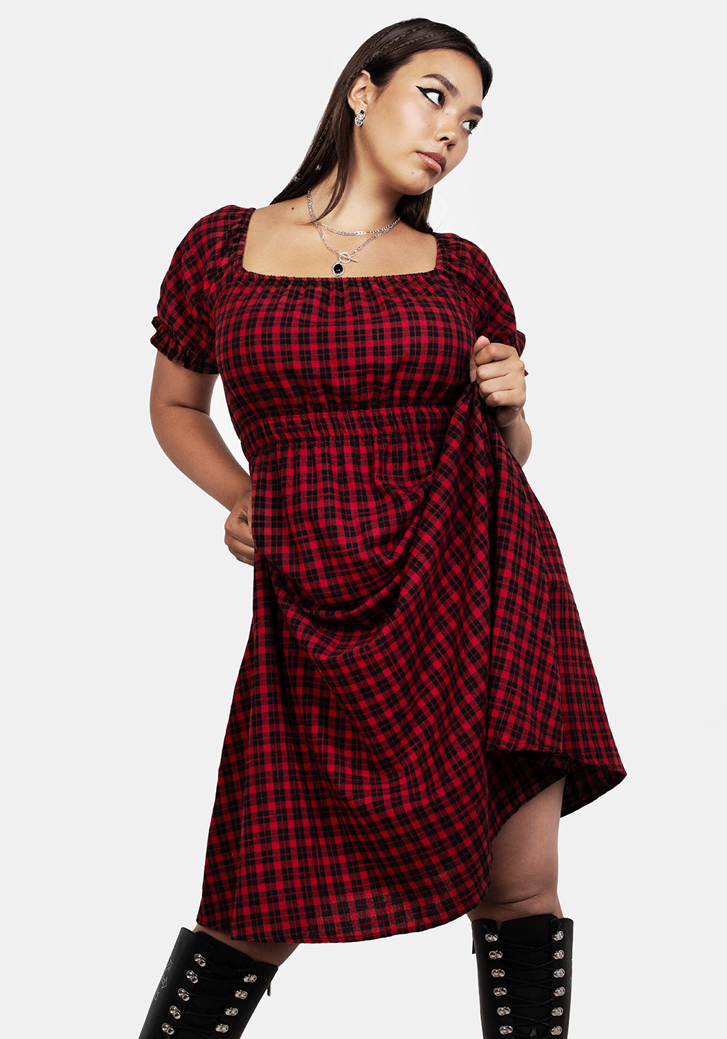 Red and Black Check Midi Dress with Elastic Waist | Dreadful