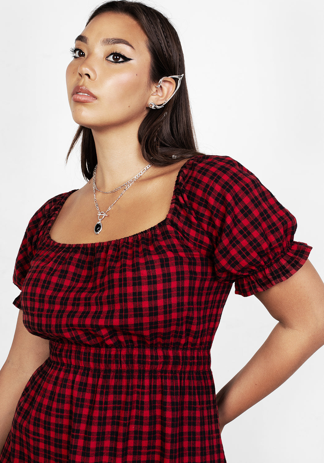 Red and Black Check Midi Dress with Elastic Waist | Dreadful