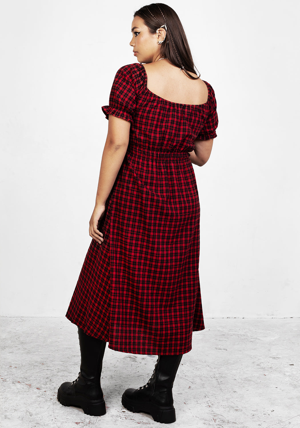 Red and Black Check Midi Dress with Elastic Waist | Dreadful