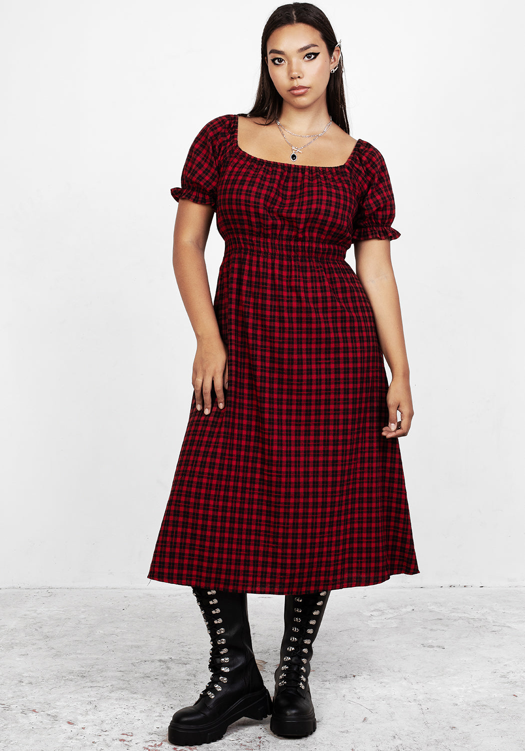 Red and Black Check Midi Dress with Elastic Waist | Dreadful