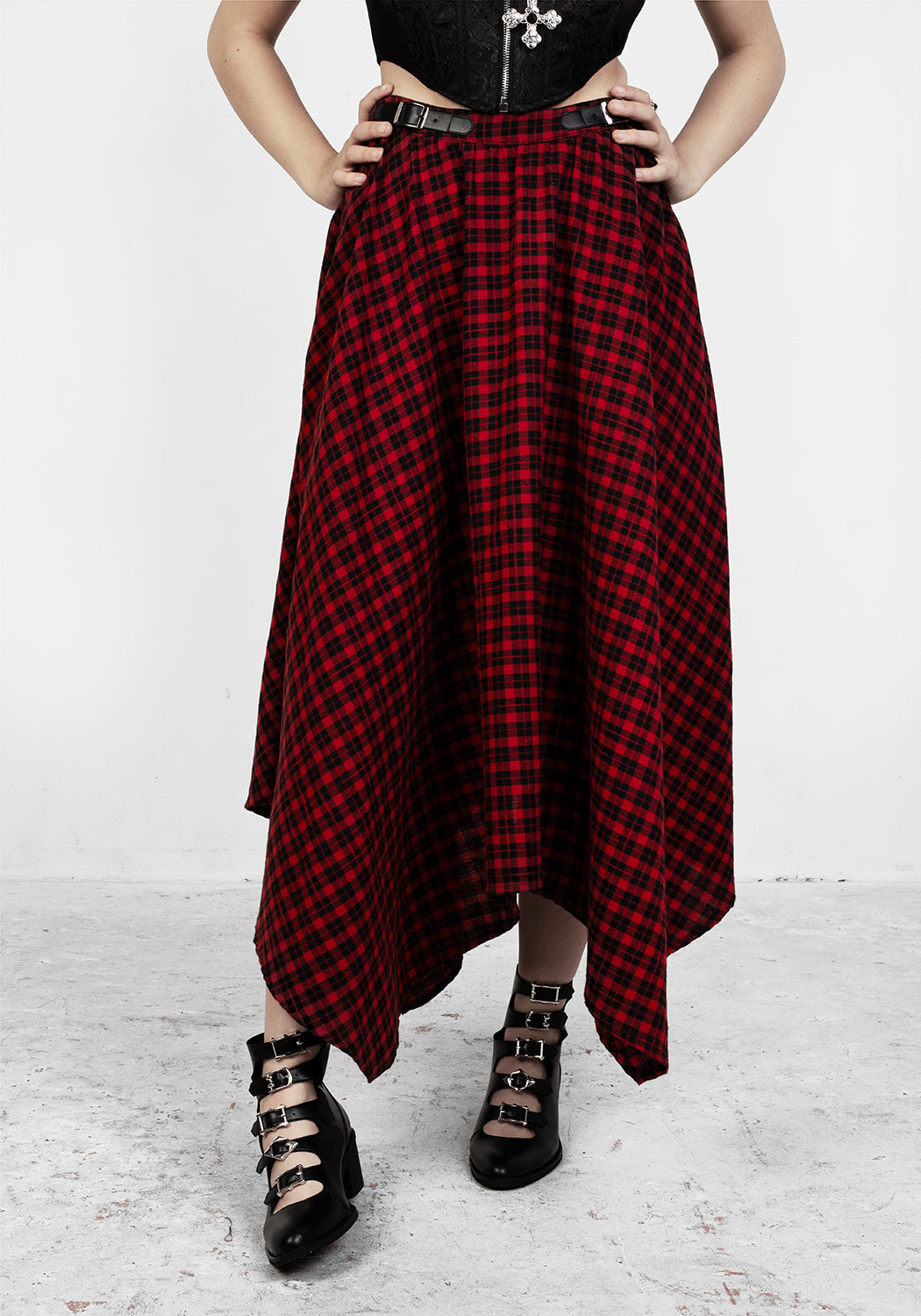 Red & Black Gingham Handkerchief Midi Skirt with Irregular Hem | Nina