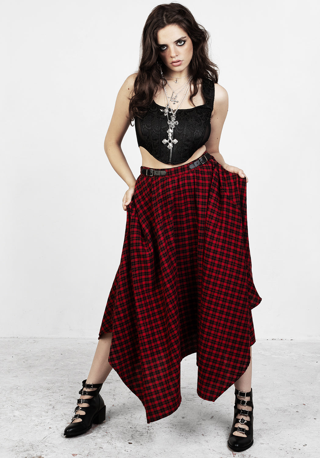 Red & Black Gingham Handkerchief Midi Skirt with Irregular Hem | Nina