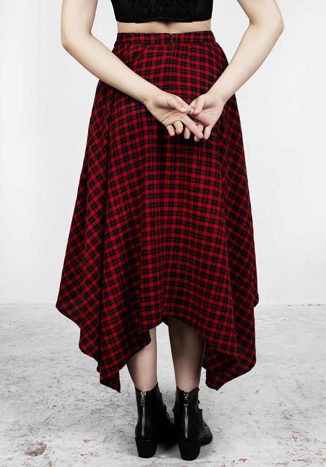 Red & Black Gingham Handkerchief Midi Skirt with Irregular Hem | Nina