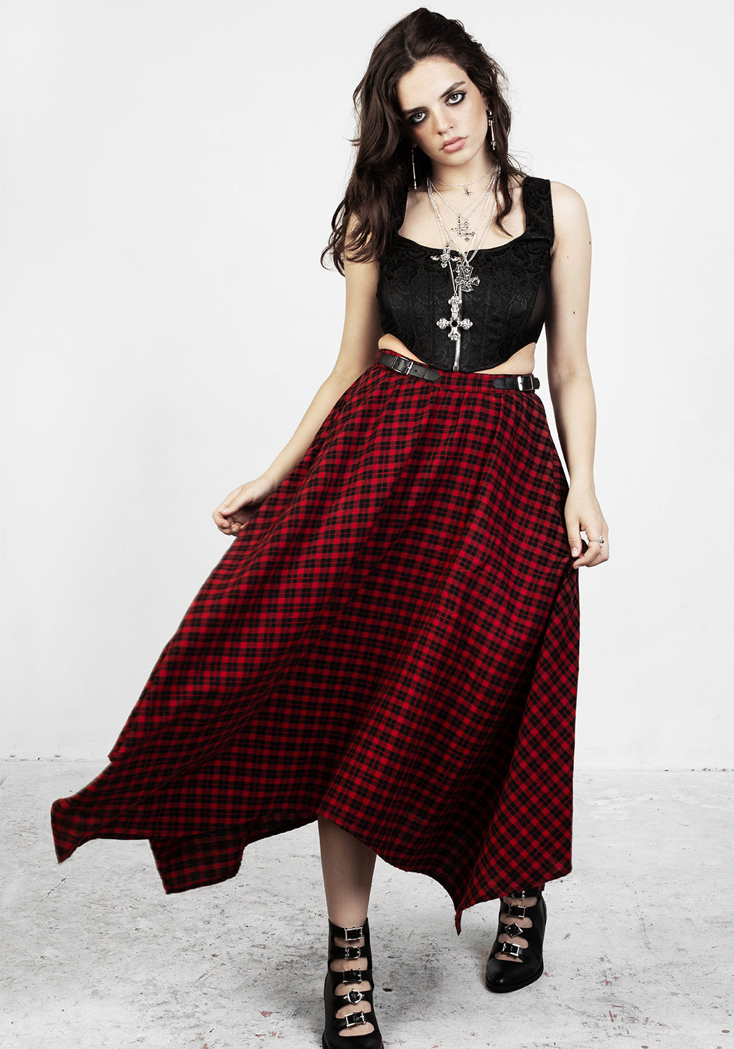 Red & Black Gingham Handkerchief Midi Skirt with Irregular Hem | Nina