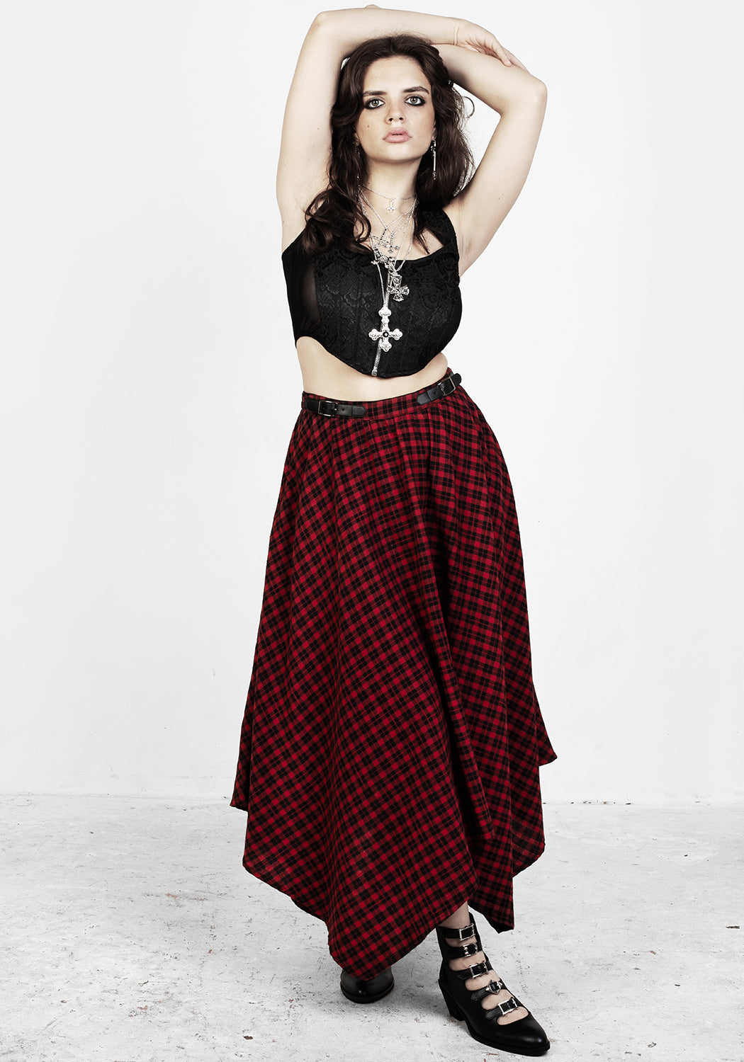 Red & Black Gingham Handkerchief Midi Skirt with Irregular Hem | Nina