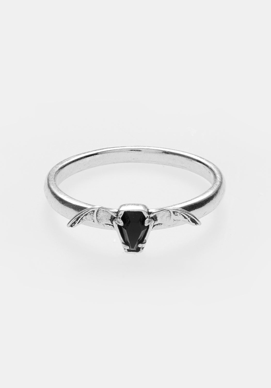 Gothic Silver Ring with Black Onyx & Bat Wings | Afterlife Jewelry