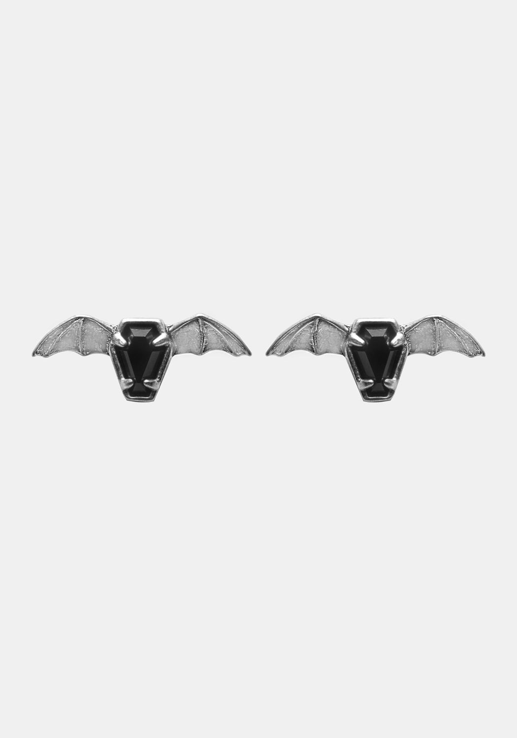 Gothic Silver Stud Earrings with Black Onyx & Bat Wings | Afterlife