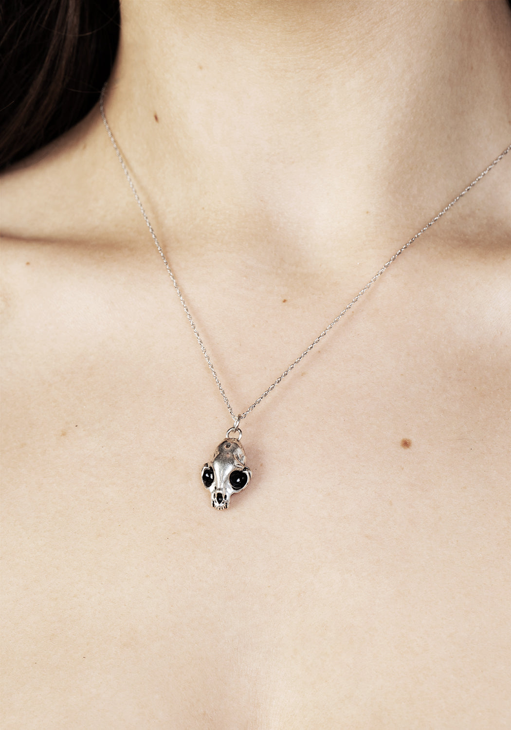 Solid Silver Cat Skull Pendant Necklace | Sphynx Charm