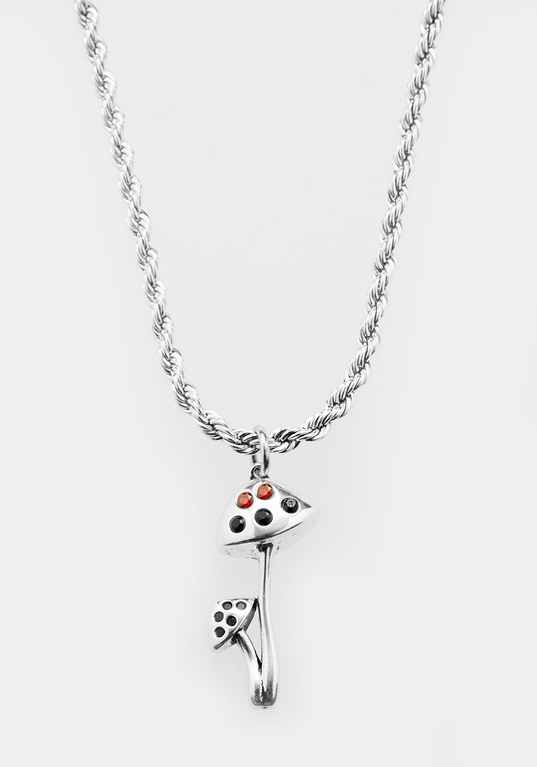 Silver-Plated Amanita Mushroom Pendant Necklace | Cubic Zirconia & Rope Chain
