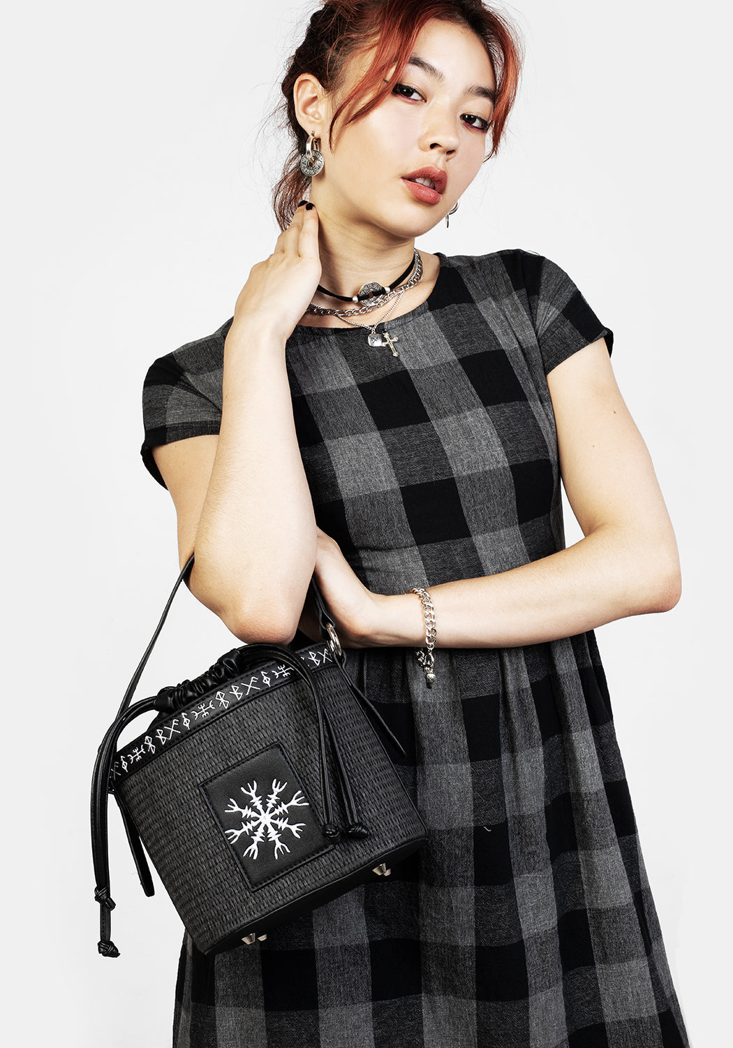 Embroidered Runes Bucket Bag with Adjustable Strap | Faux Leather