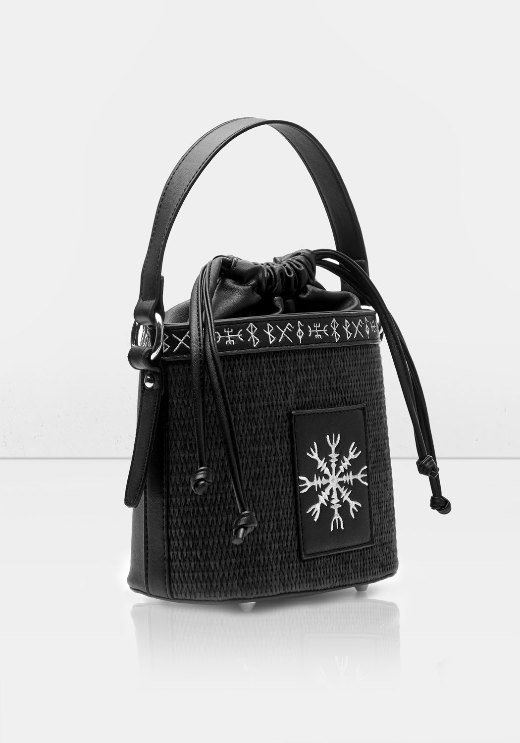 Embroidered Runes Bucket Bag with Adjustable Strap | Faux Leather