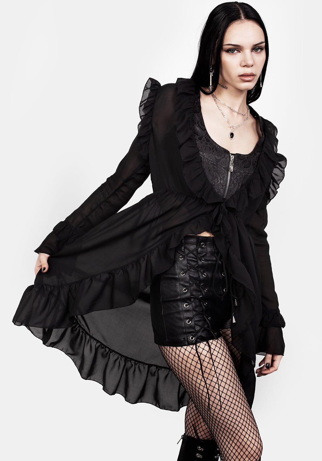 Sheer Black Tie-Front Dress with Ruffled Sleeves | Shayla