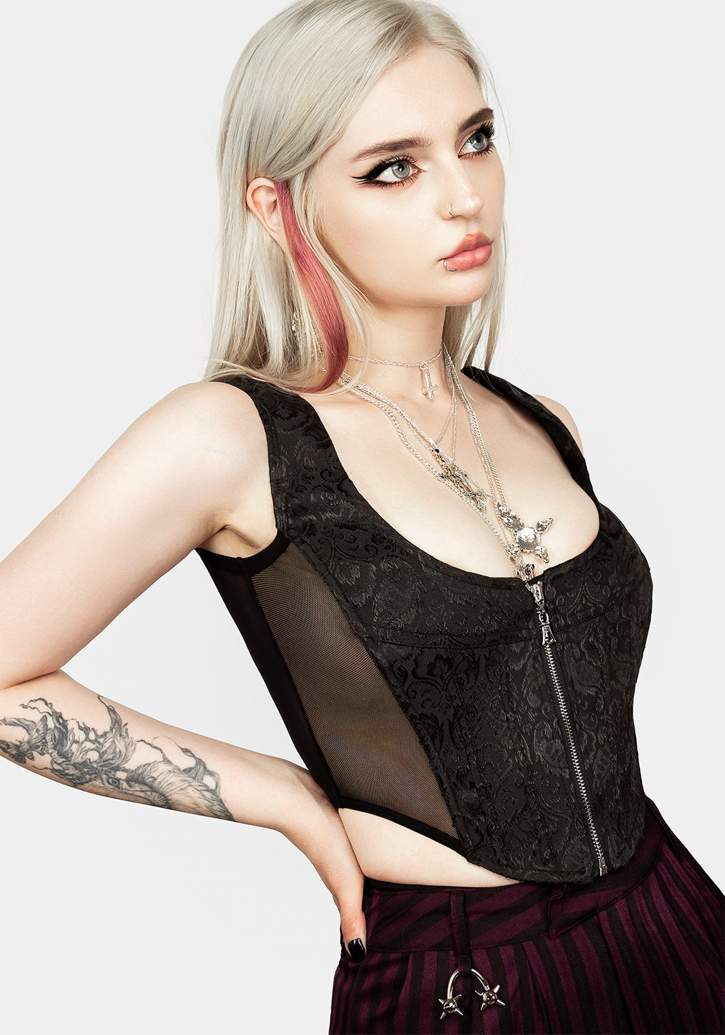 Black Jacquard Corset with Sheer Panels & Silver Zip | Intoxicate