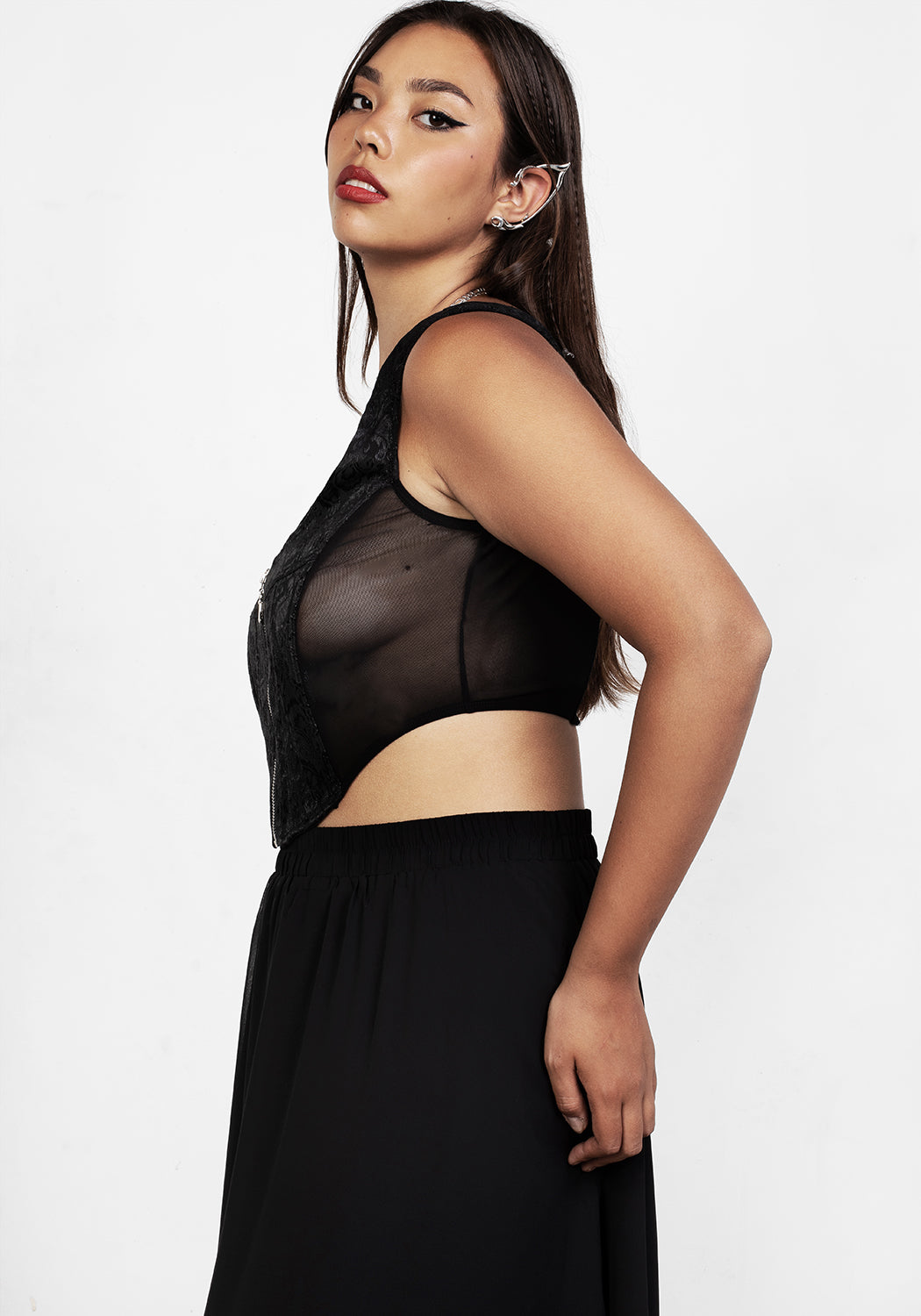Black Jacquard Corset with Sheer Panels & Silver Zip | Intoxicate