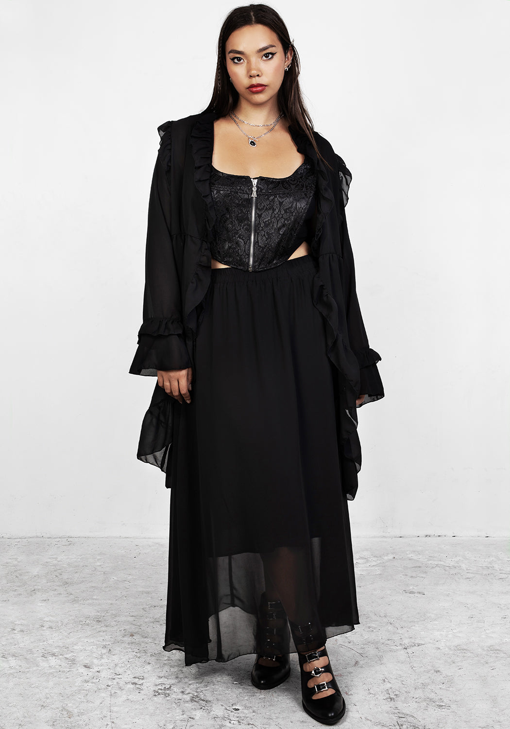 Black Jacquard Corset with Sheer Panels & Silver Zip | Intoxicate